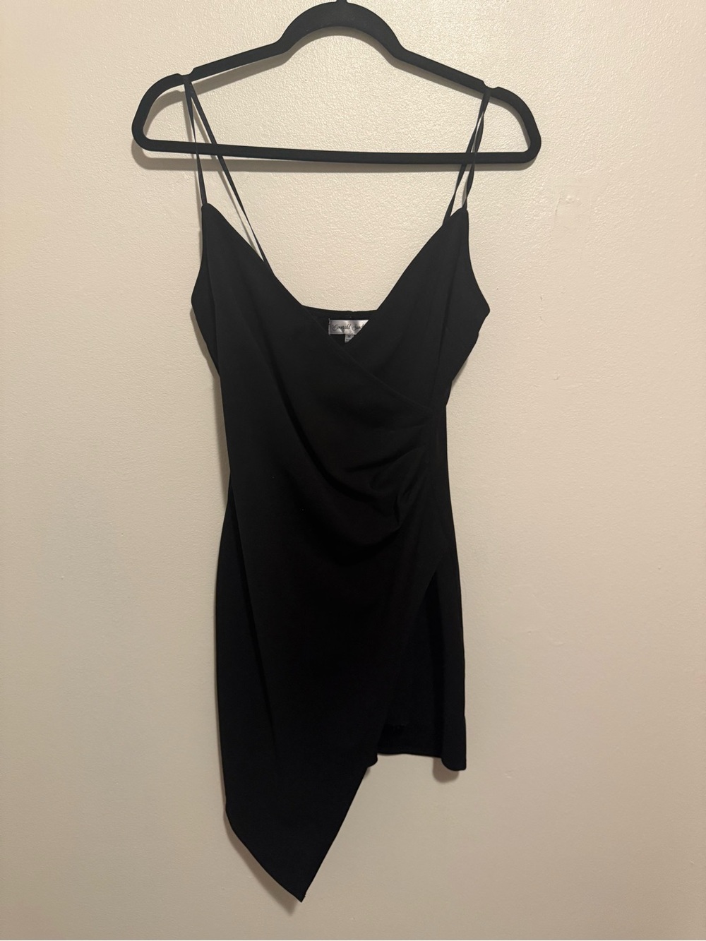 Women's Black Asymmetric Slip Dress - Elegant Spaghetti Strap